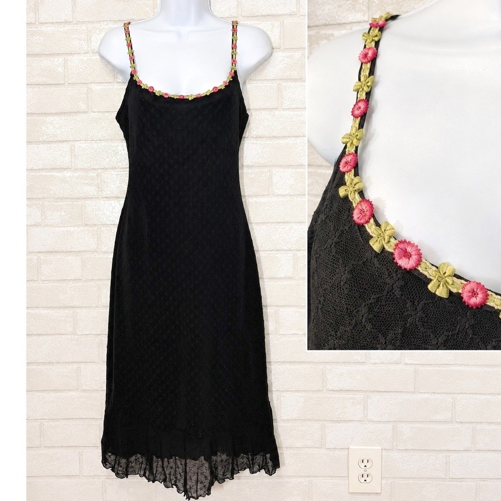 Vintage 90s Betsey Johnson Silk Trim Slip Dress Size MP Whimsigoth Fairy Grunge